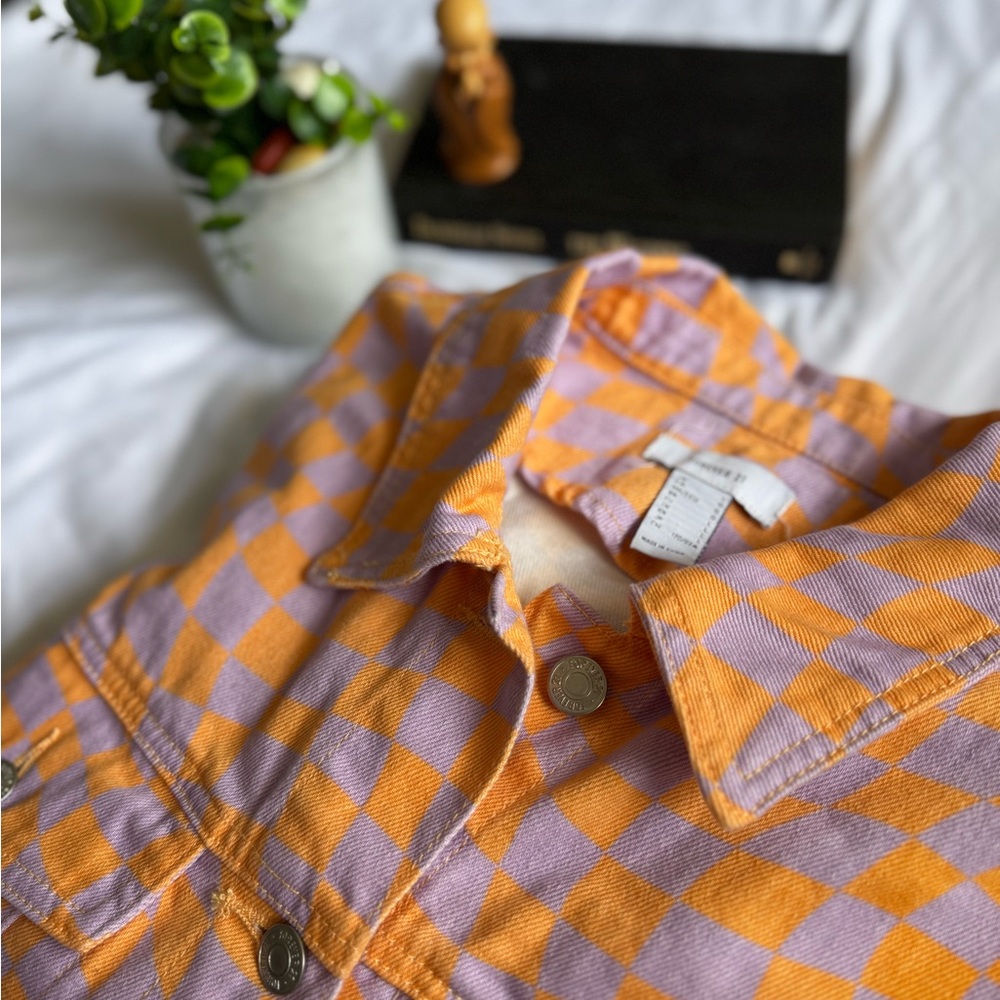 🧡💜 Vintage Forever 21 Checkered Denim Jacket – Size L – Bold 90s Vibes!